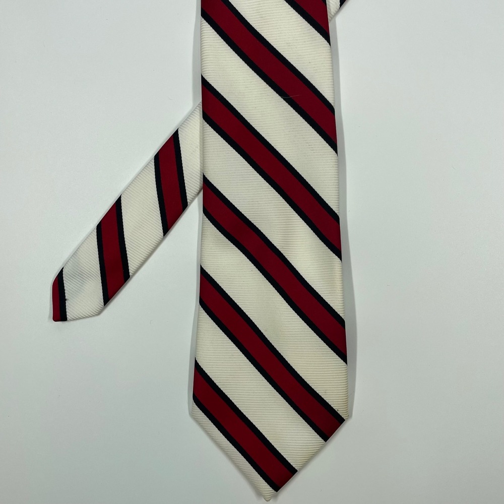 Sears White Striped Necktie Red Navy Blue Ribbed Polyester Mens OS